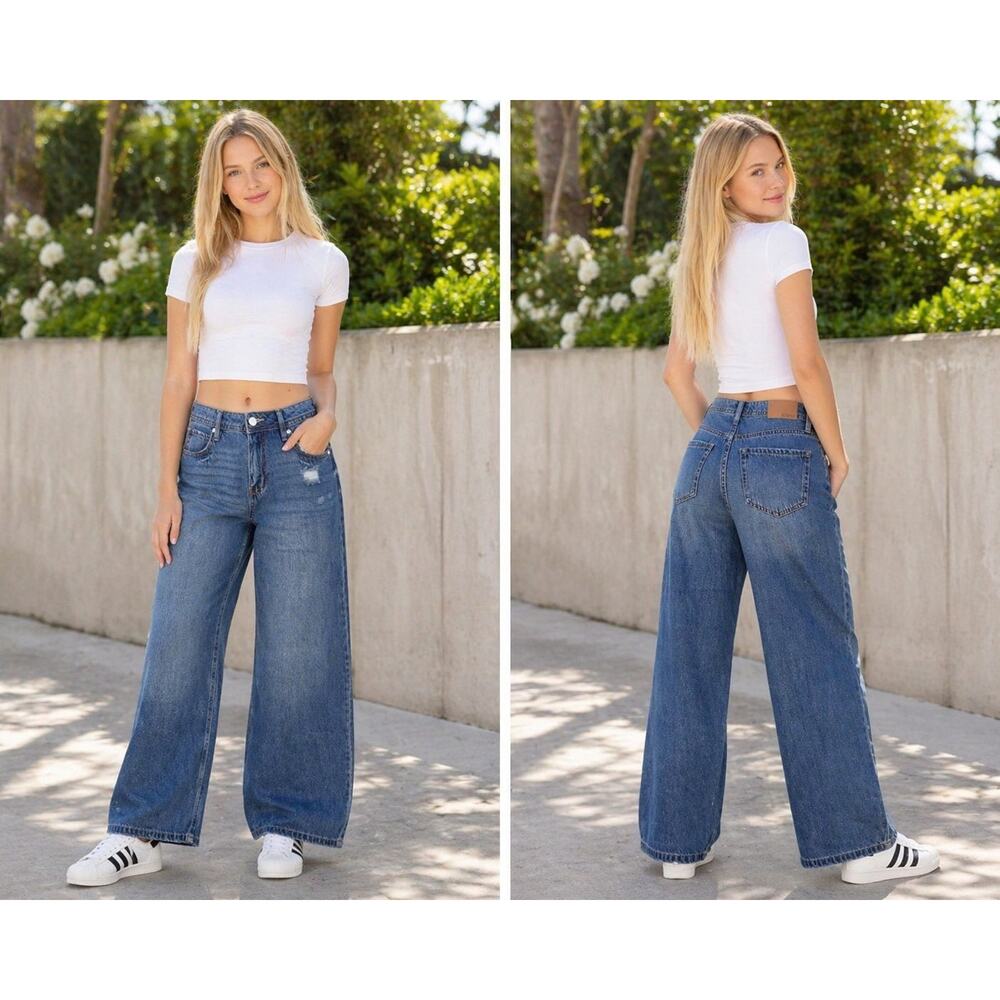 Roxy Wide Leg Jeans Juniors Size 1 Blue Denim High Rise Distressed Spots NWT